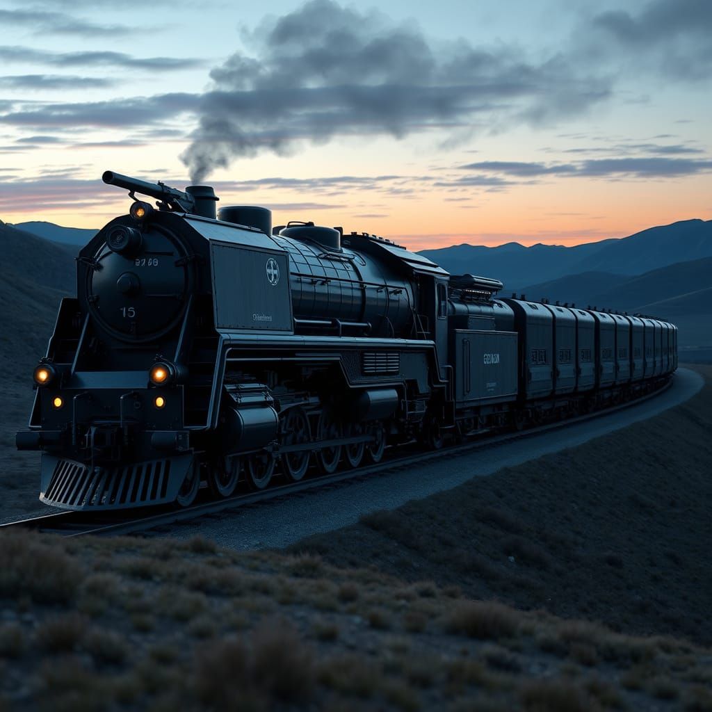 Mighty German Armored Train Rolls Through a Valley at Dusk
