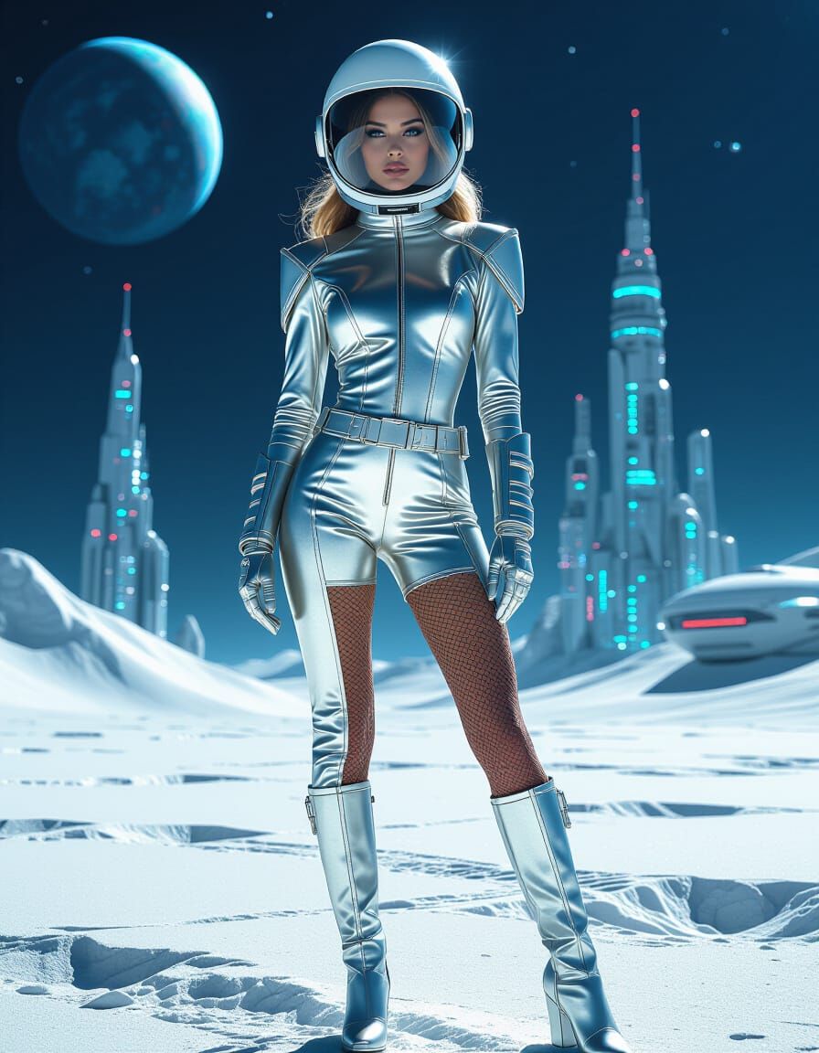 Futuristic Woman in Metallic Sci-Fi Jumpsuit on Moon City