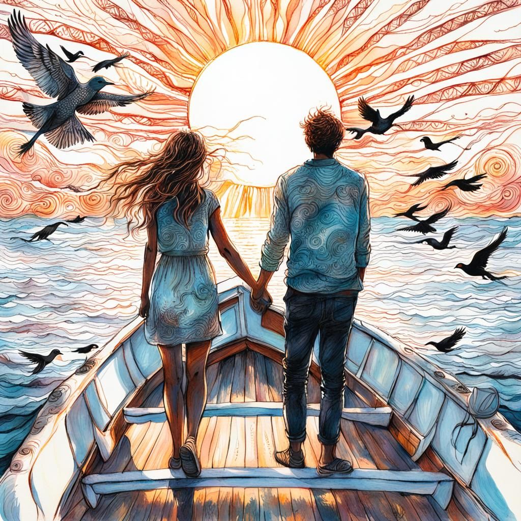 Children's Boat Ride at Sunset: Whimsical Zentangle Art