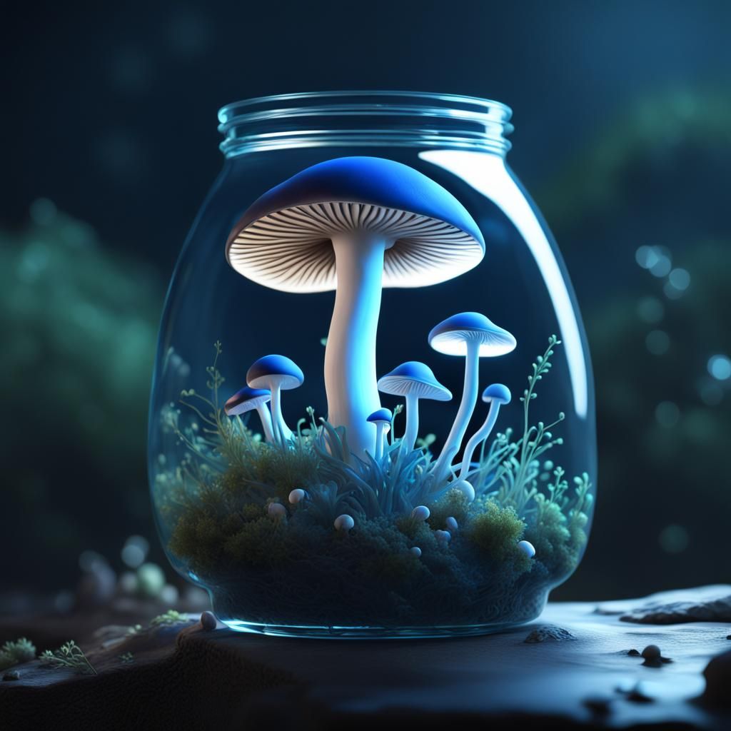 Bioluminescent Mushroom in Jar: Detailed Fantasy Concept Art