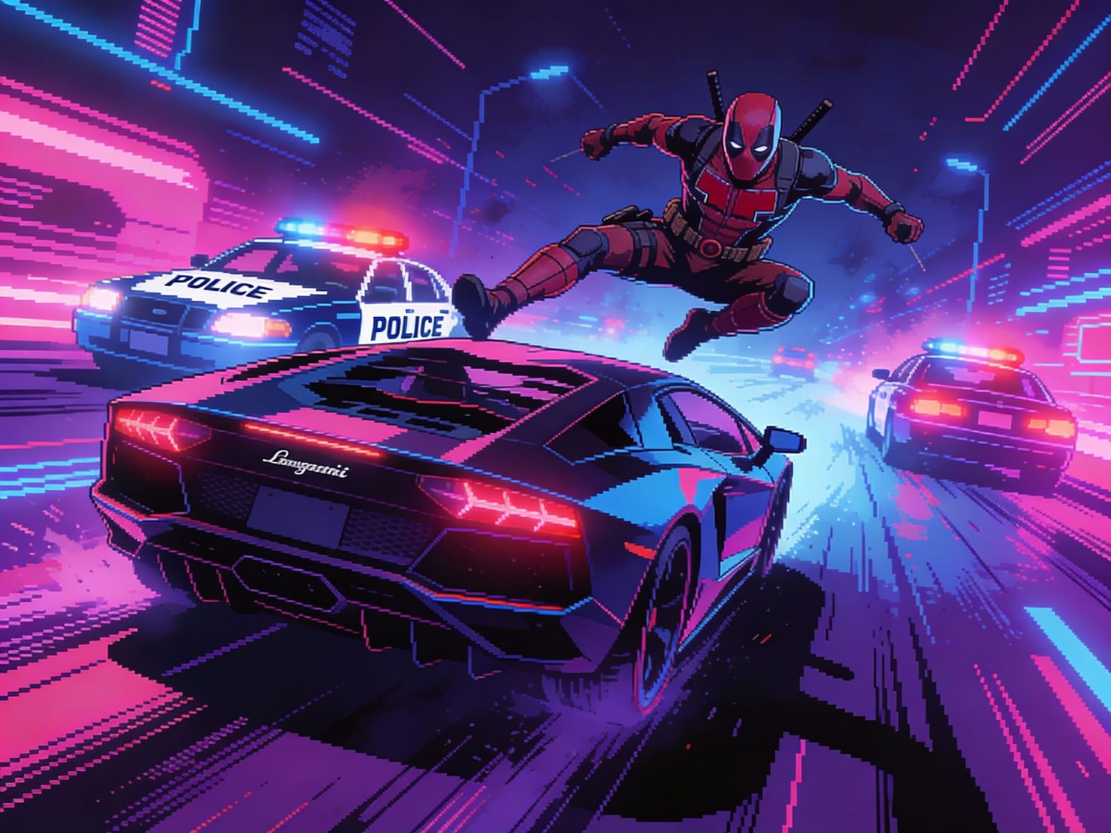 Deadpool's Synthwave Car Chase in Neon Lights