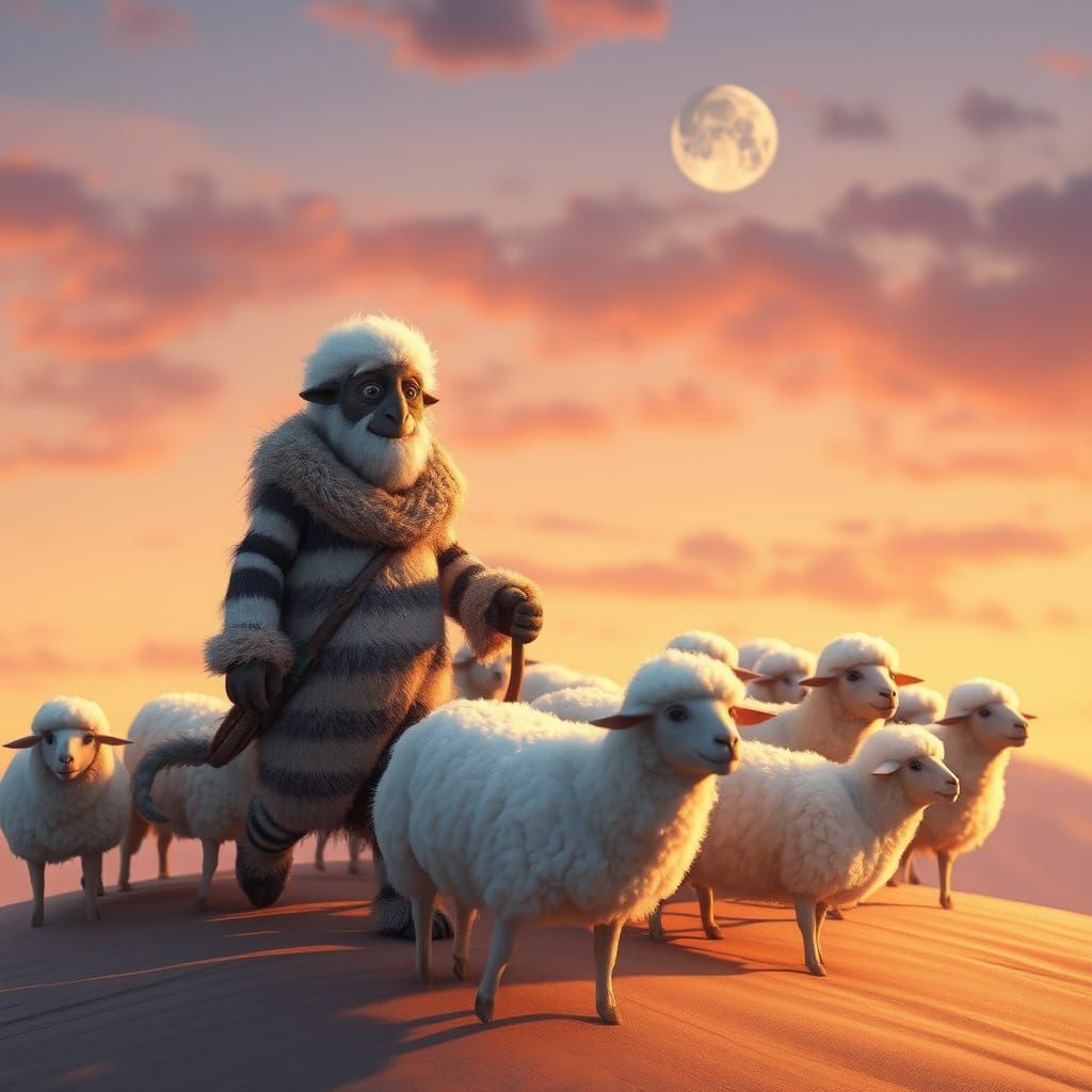 Striped Sandman Guides Dream Sheep Across Twilight Sky in Fa...