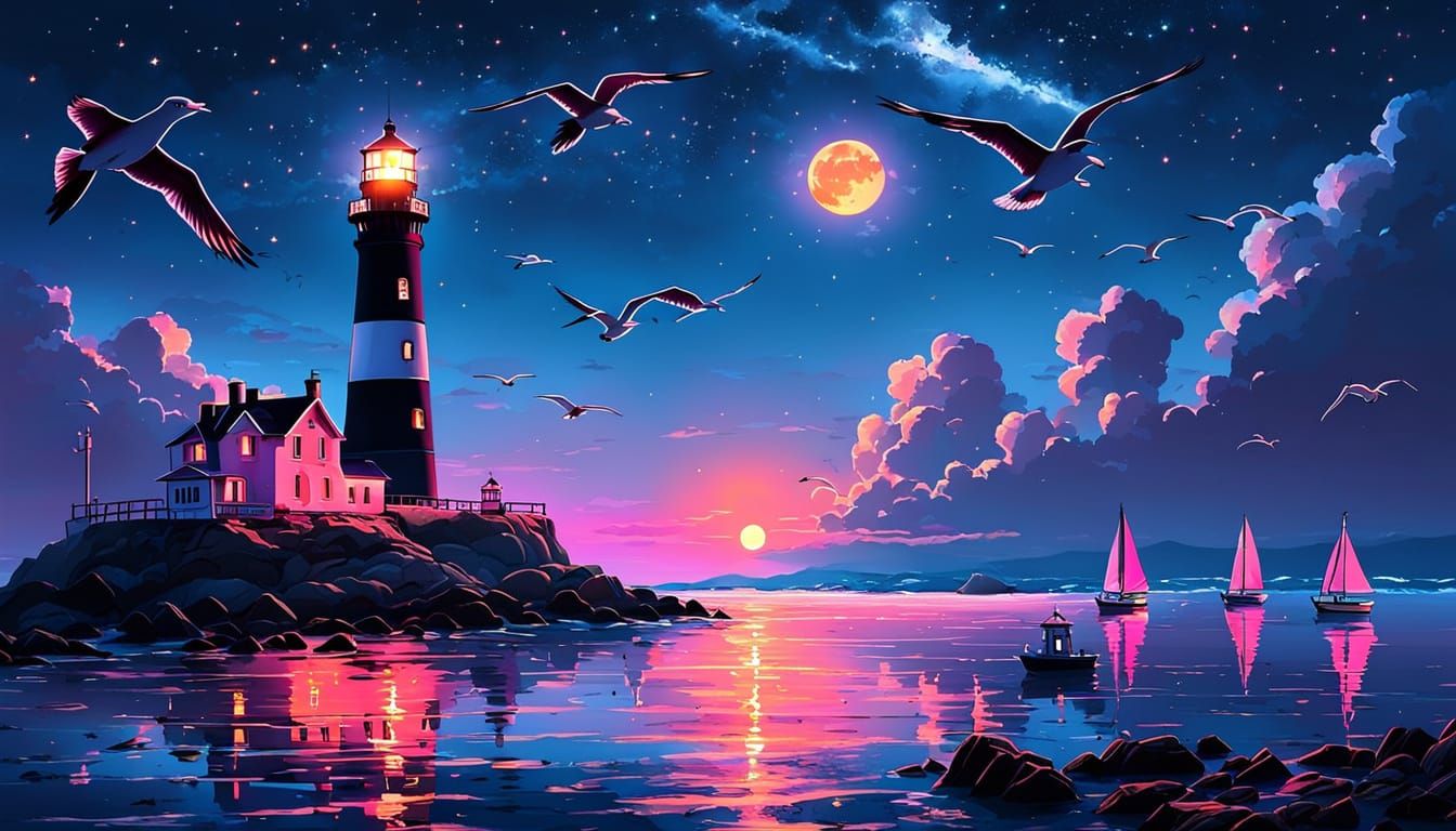 Neon Sunset Over Ocean with Lighthouse and Sailboats