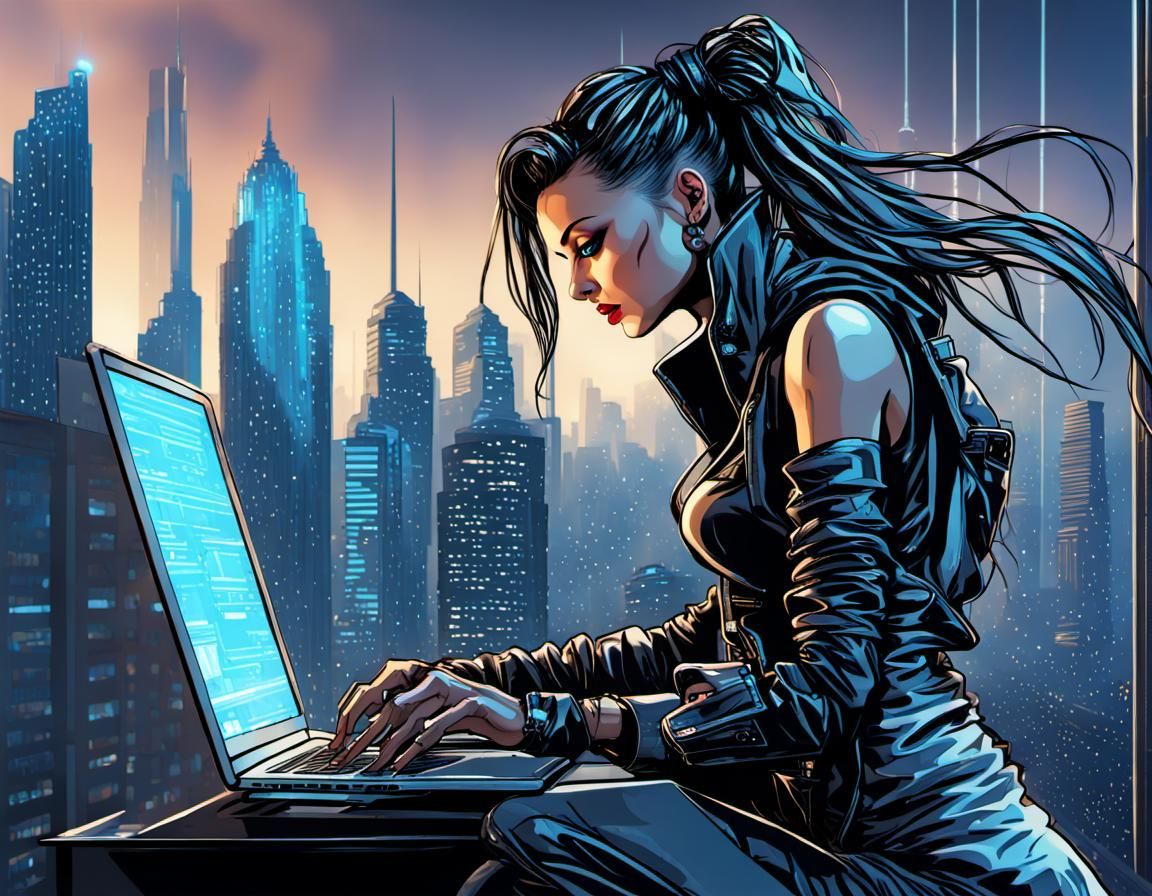 Cyberpunk Hacker Perched Atop Skyscraper Hacking