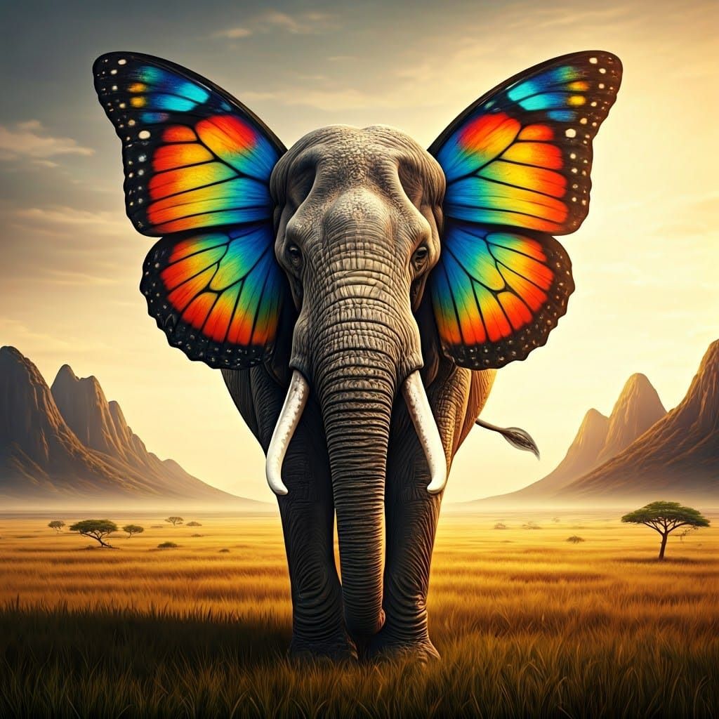 Butterfly-Winged Elephant in Mystical Savannah