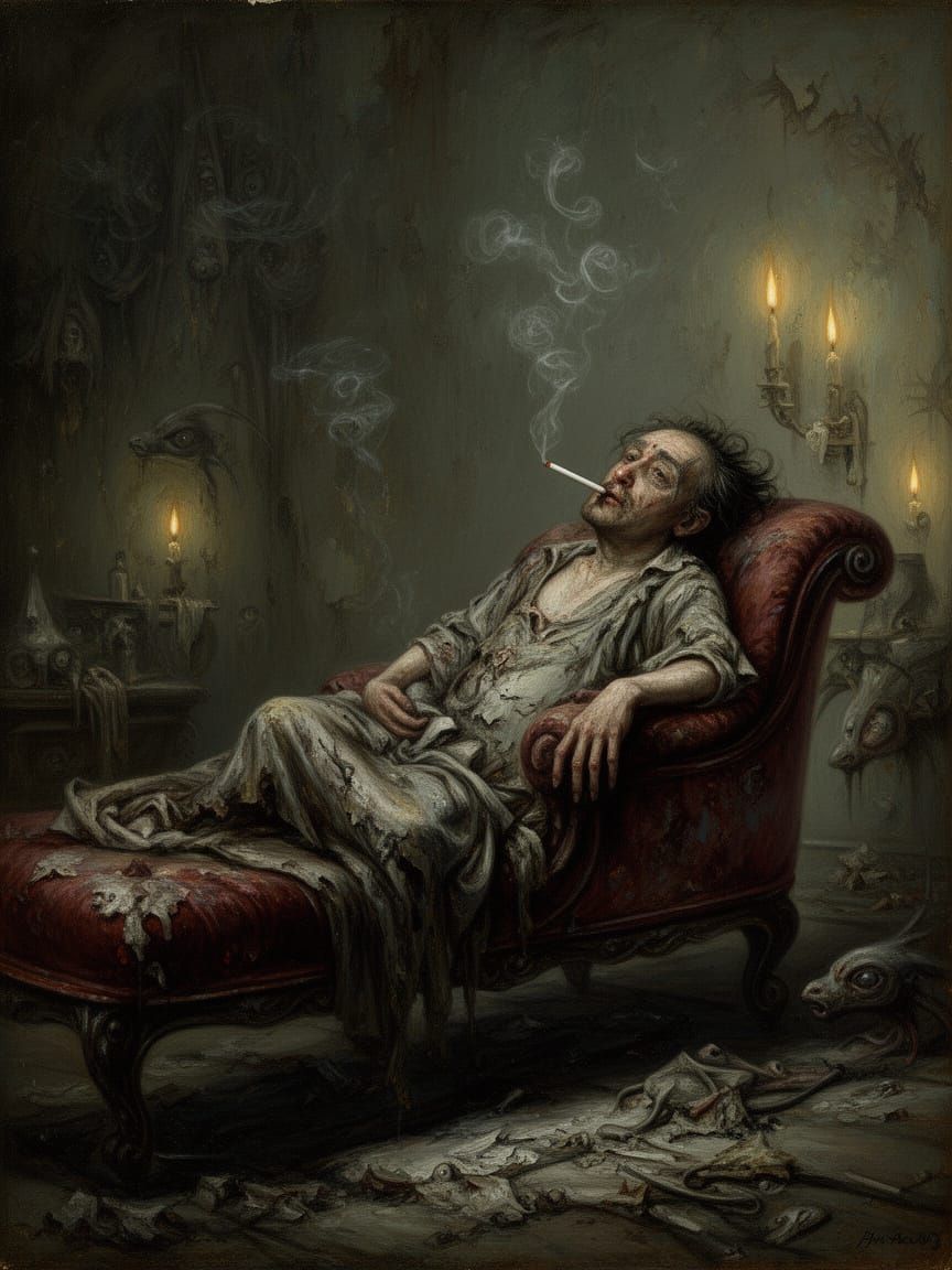 Surrealist Oil Painting of Apathetic Figure on Chaise Lounge