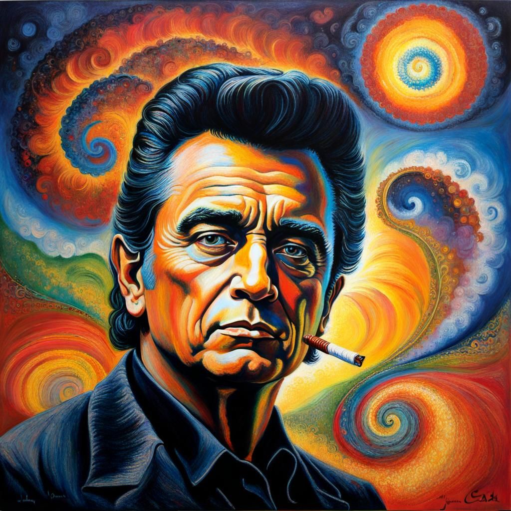 portrait, Country,  LIFELIKE, JOHNNY CASH, SMOKING , oil pastels, folkart, swirls, modern, Odilon Redon JOSEPHINE WALL