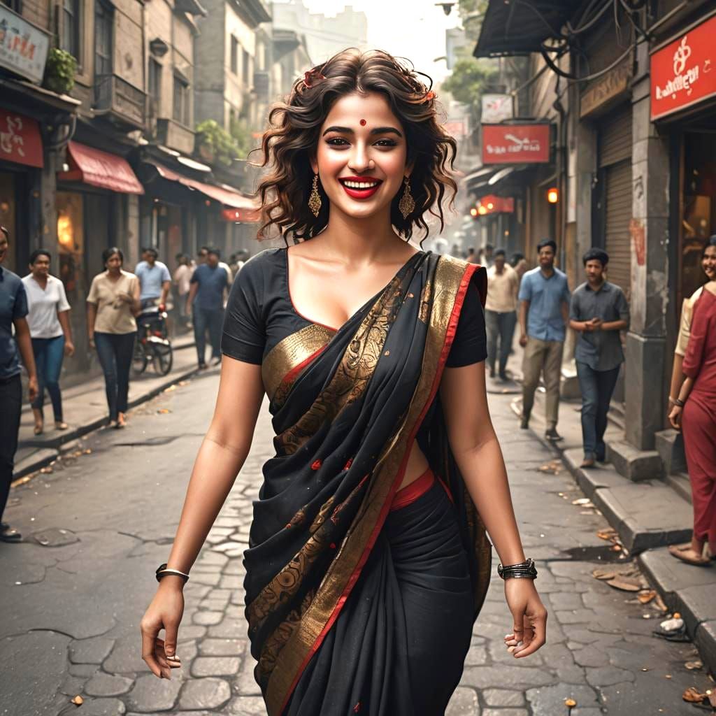 Beautiful Black Woman in Sari: Glossy Street Style