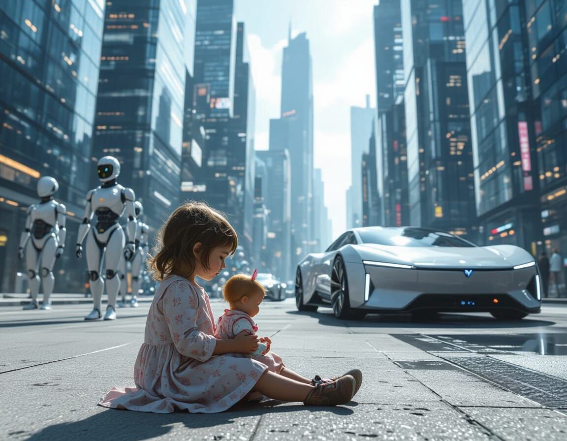 Fragile Girl with Doll in Dystopian Robotic City
