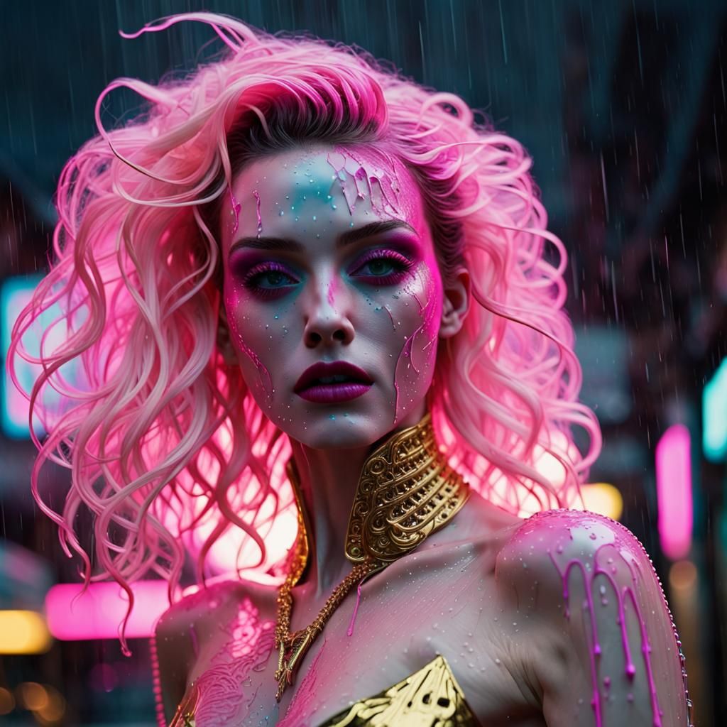 Neon Demon in Rainy Street: Synthwave Retro Art