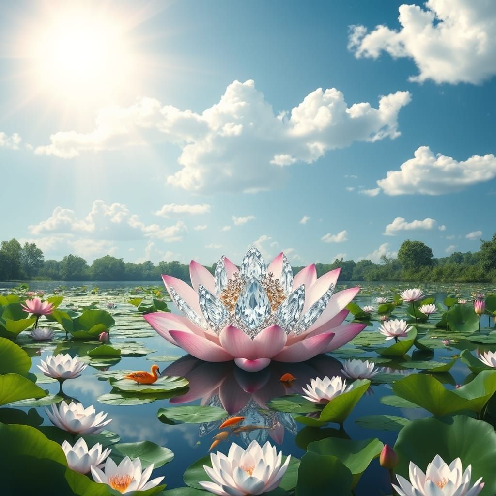 Diamond Lotus Flower on Serene Lake, Art Nouveau