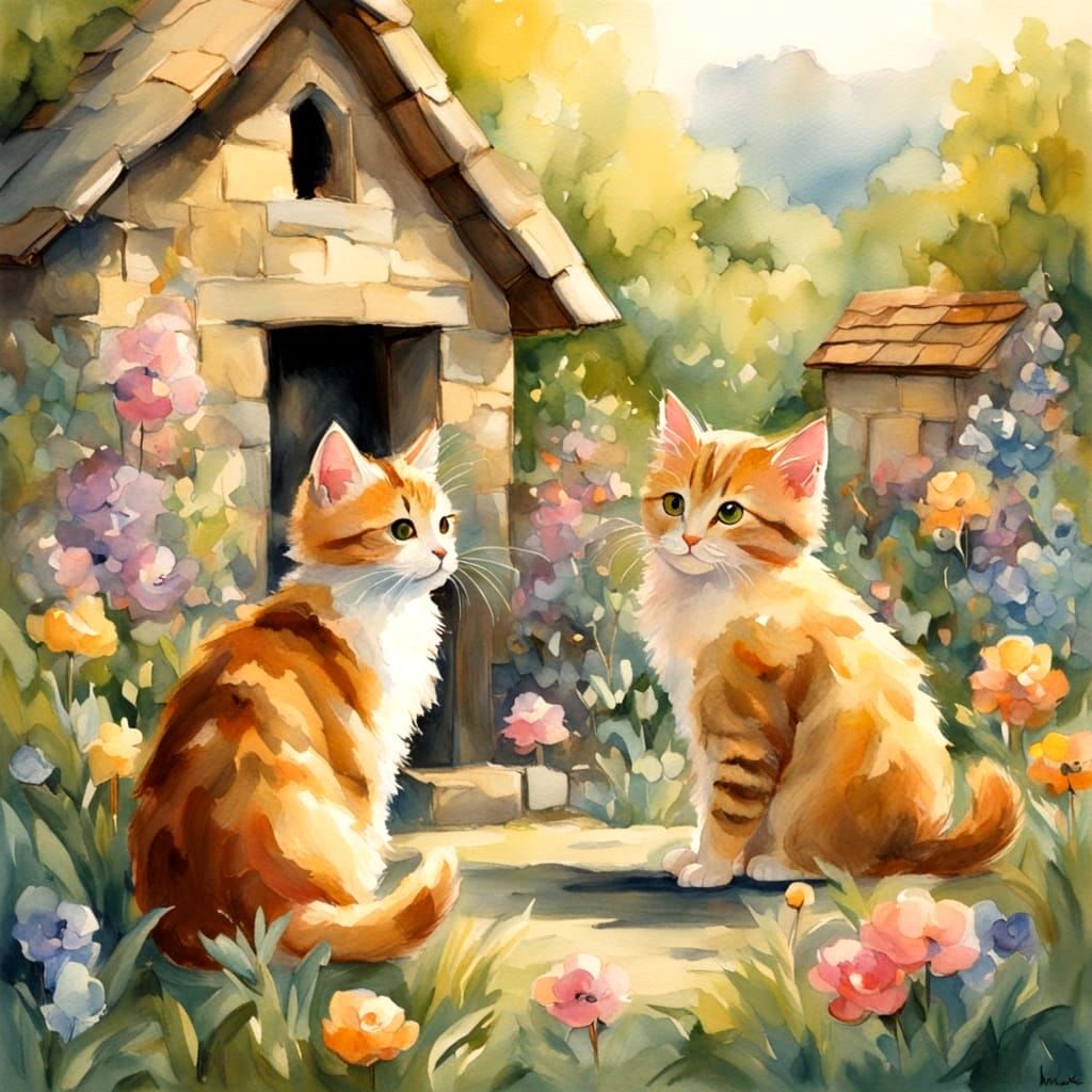 Whimsical Kittens Play in a Cozy Garden
