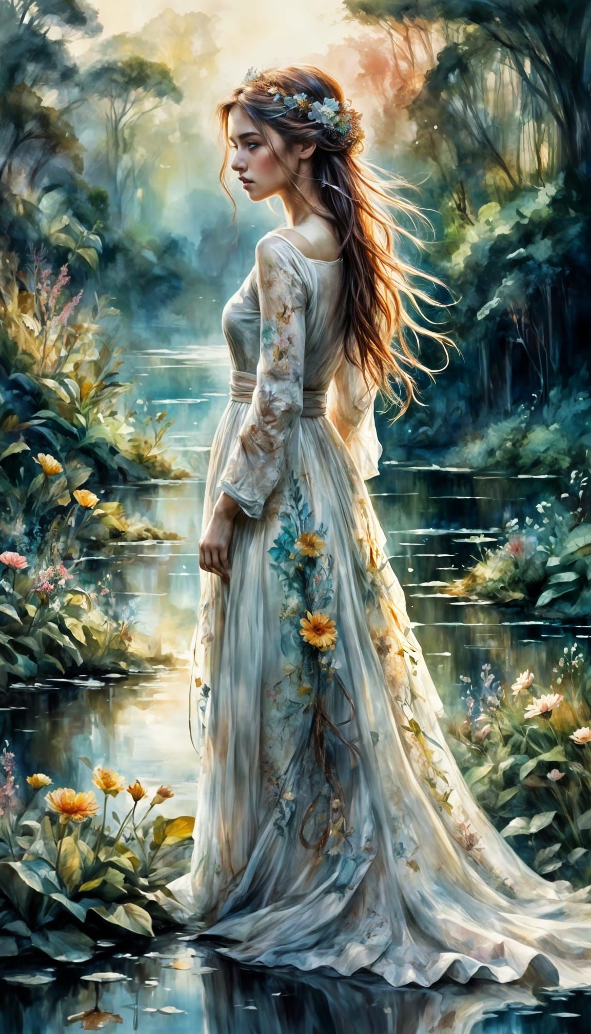 Dreamy Watercolor Landscape in Pastel Golden Hour