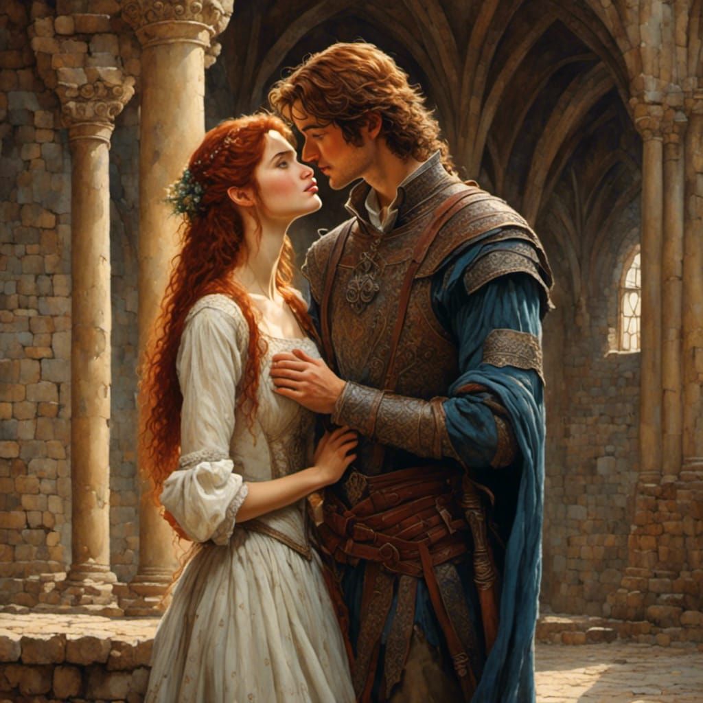 Romantic Kiss in Castle Hall, Oil Painting