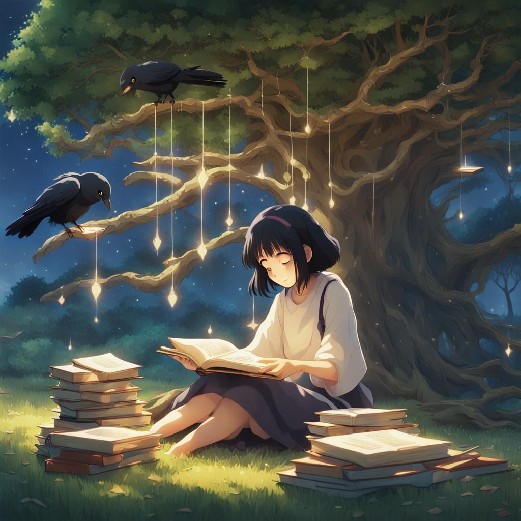 Raven-Haired Girl Reading Under Tree, Anime Style