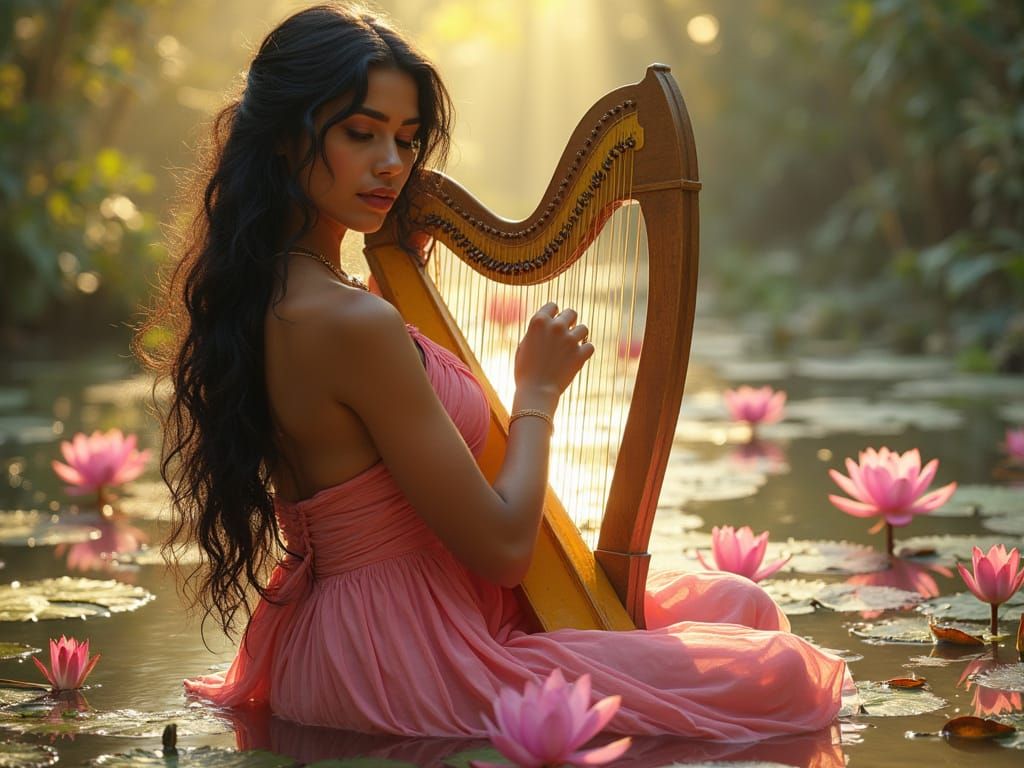 Indian Princess Plays Harp Amidst Water Lilies in Golden Lig...
