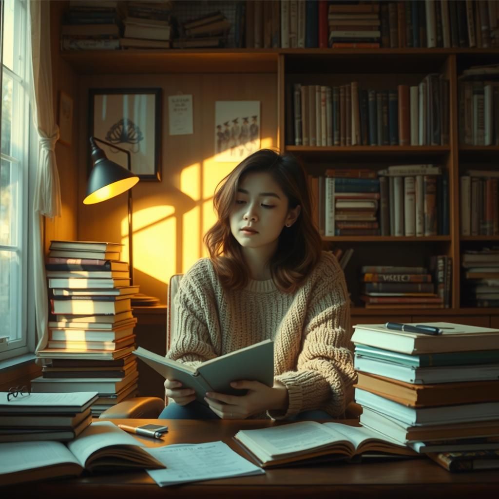 Contemplative Woman in Retro Study with Golden Lighting