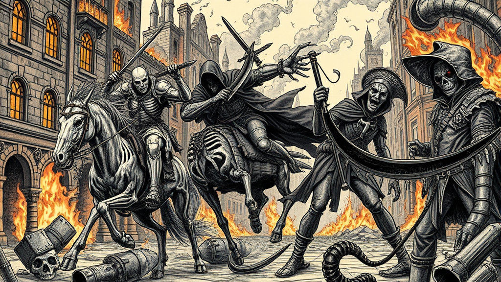 Apocalyptic Horsemen Engraving in Burning City