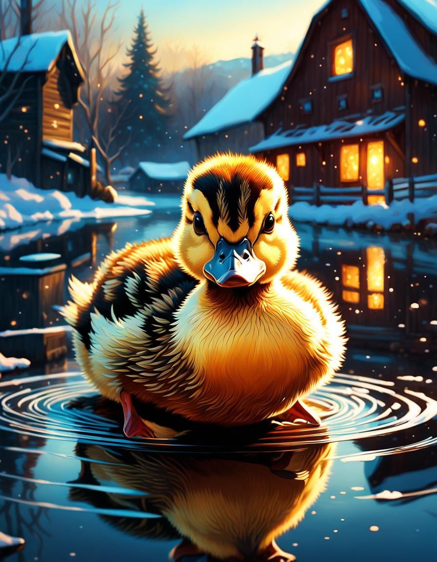 Baby Duck Portrait on Winter Farm