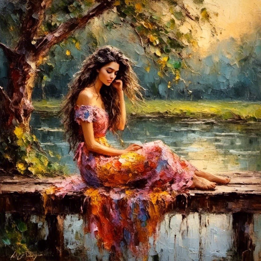 Woman by Lake in Impasto Oil Painting