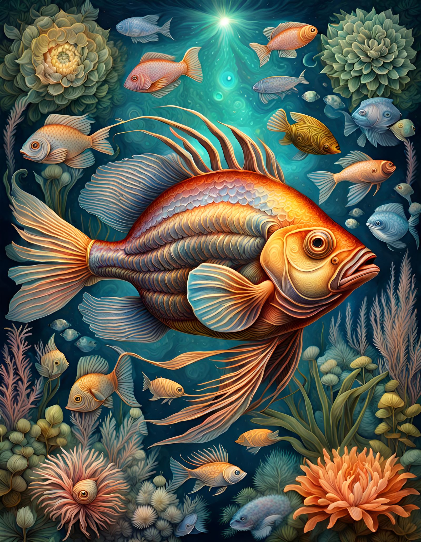 Intricate Fish and Aquatic Plants in Holographic Illustratio...