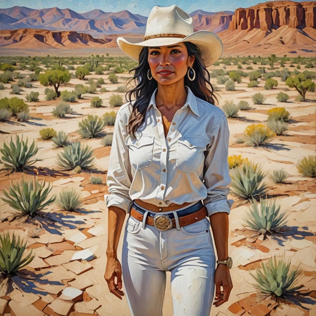 Latina Woman Portrait in Sunny Desert, Expressionist Oil Pai...