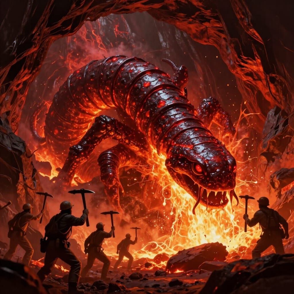 Colossal Death Worm Erupts from Lava onto Terrified Tunnel W...