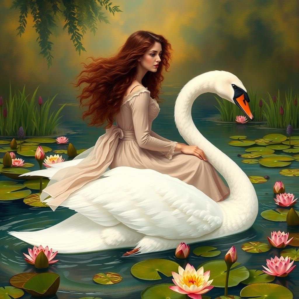 Ethereal Swan Ride in Dreamy Pre-Raphaelite Style
