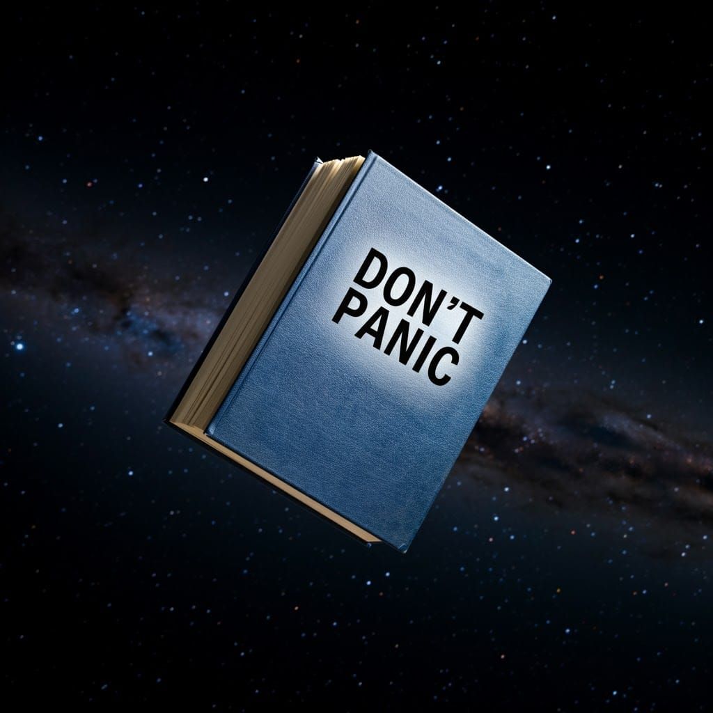 Book Floating in Space with 'Don't Panic' Message