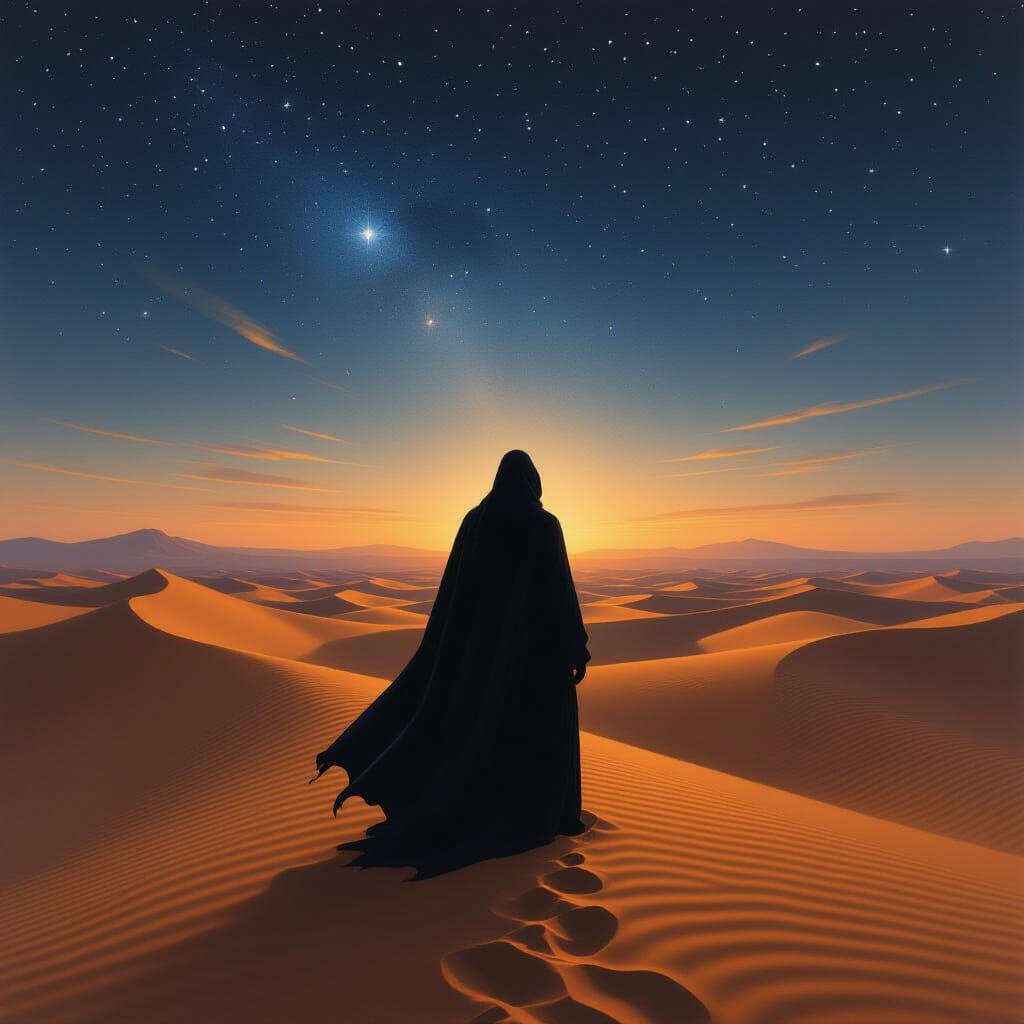 Mysterious Figure in Starry Desert Twilight Oil Painting