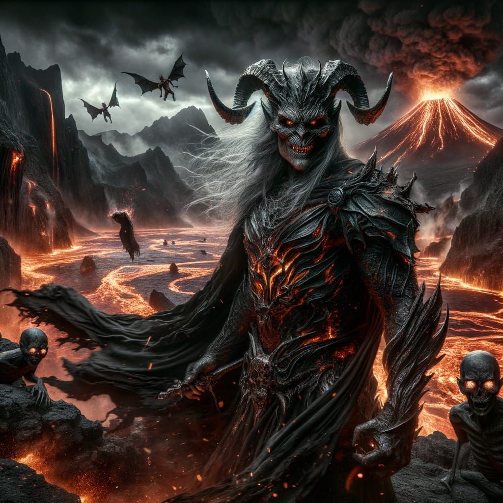 Demonic Warrior Overlooking Lava River in Hyper-Realistic De...