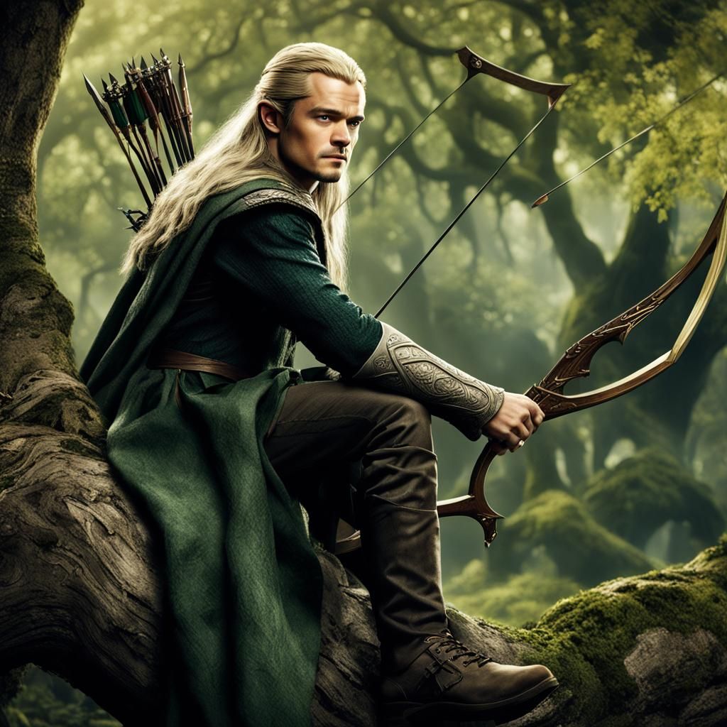 Hyperrealistic Legolas in Tree with Bow