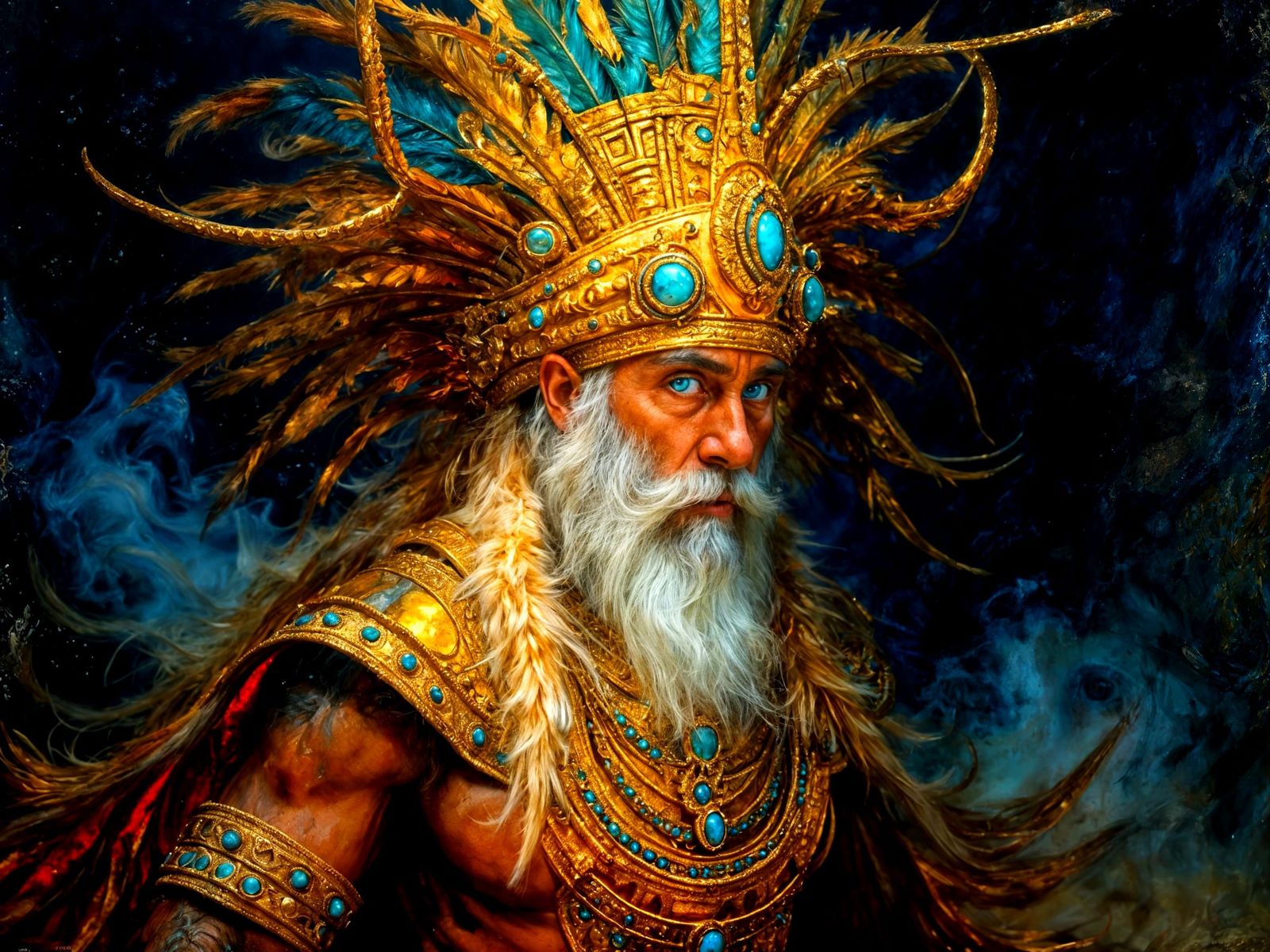 Ancient Atlantean King with Gilded Crown in Dramatic Light