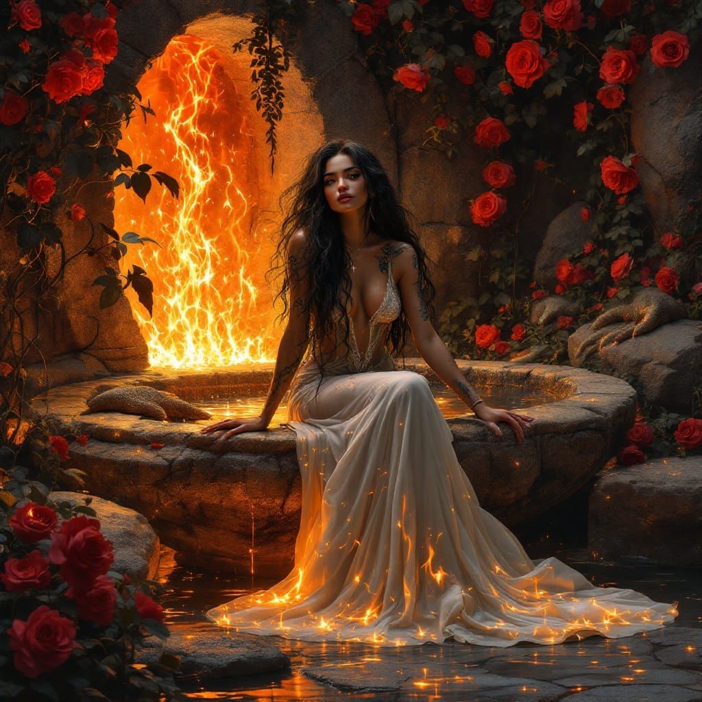 Volcanic Garden: Latina Goddess and Fire Lizards