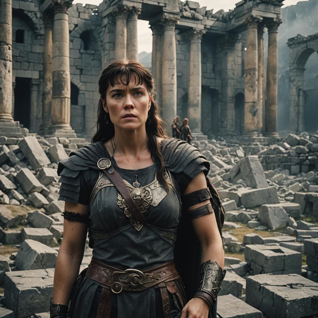 Xena Among Marble Ruins: A Cinematic Film Still