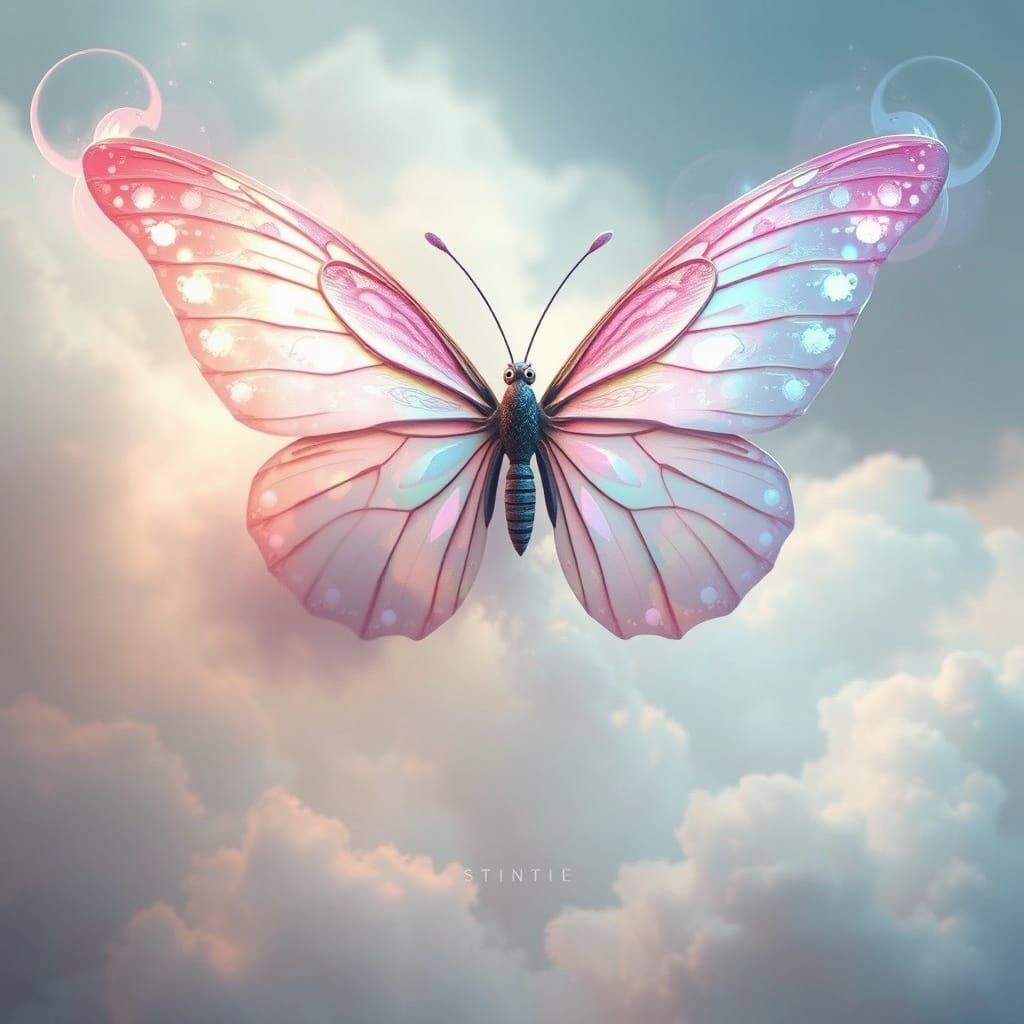 a butterfly with wings made of iridescent mist and a body cr...