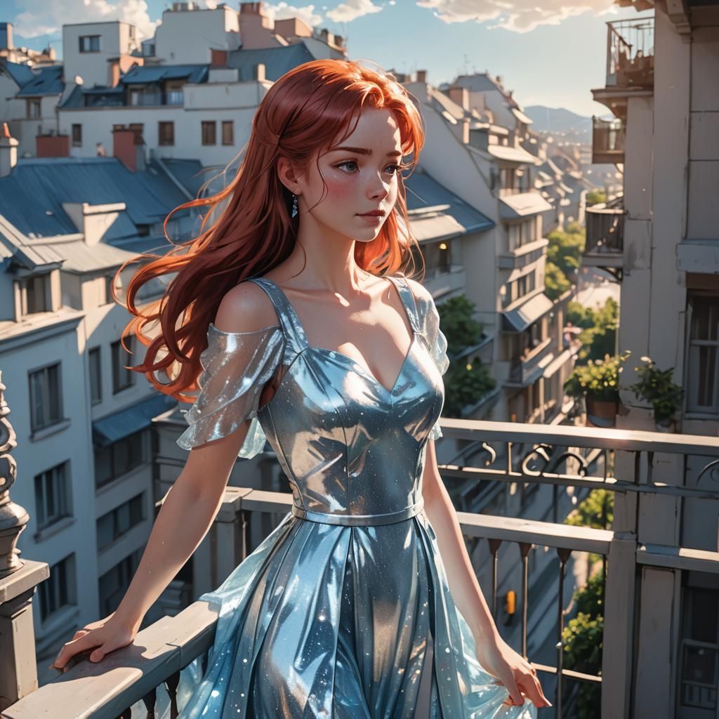 Effervescent Redhead in Shimmering Dress, Anime Style