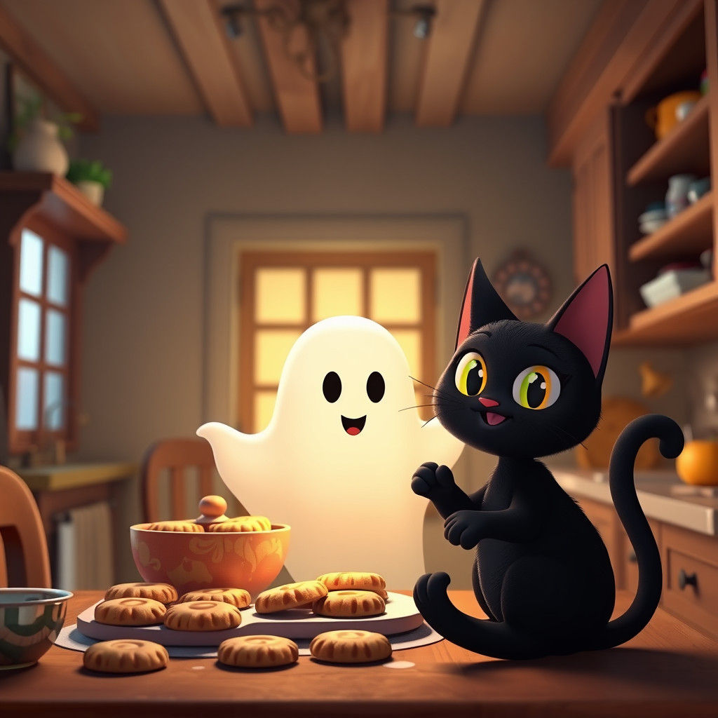 Ghost and Cat Baking Cookies: Cartoon 3D Art
