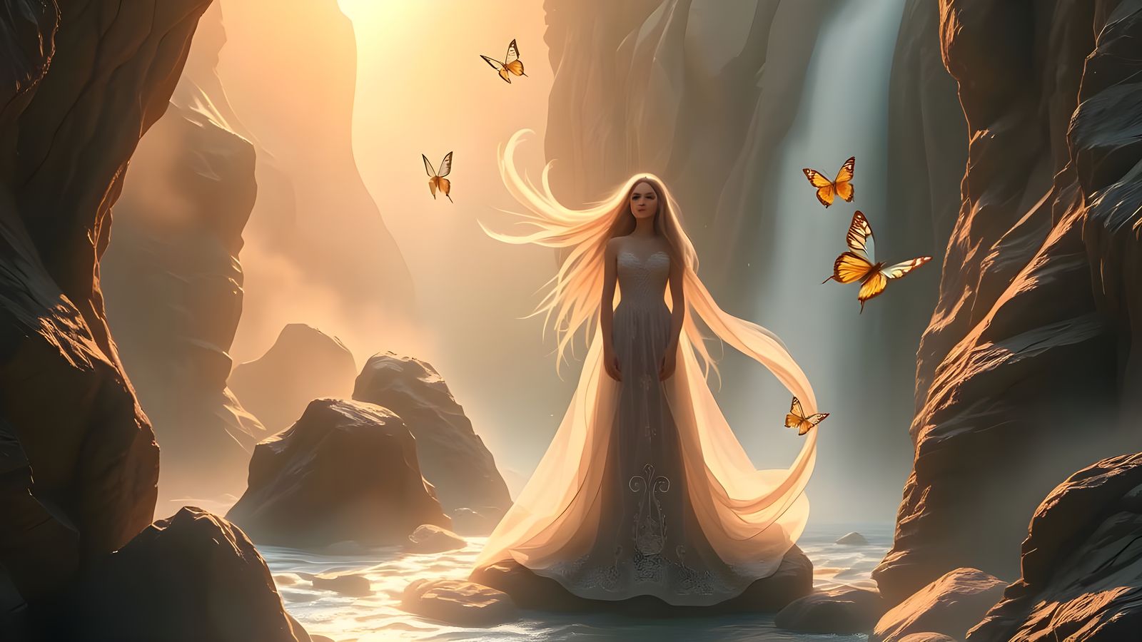 Canyon Waterfall at Dawn with Guardian Figure