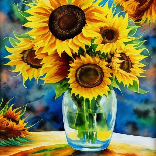 Sunflowers in Glass Vase: Gouache Watercolor Masterpiece
