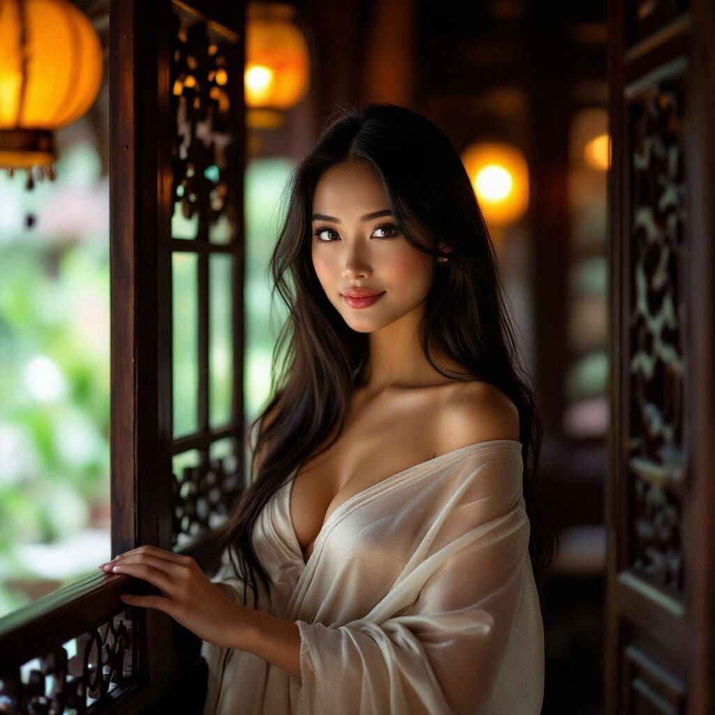 Thai Woman in Silk Shawl by Window
