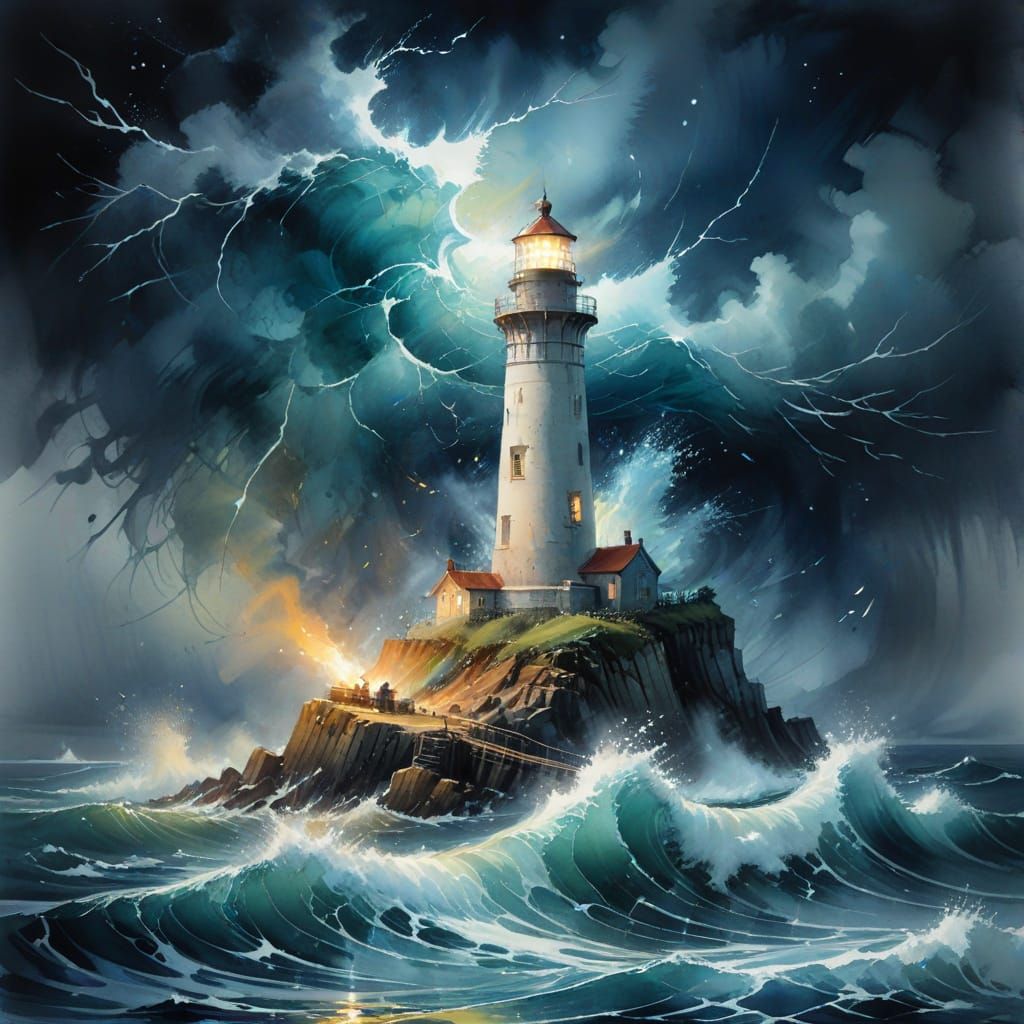 Lighthouse Amidst Midnight Storm in Watercolour