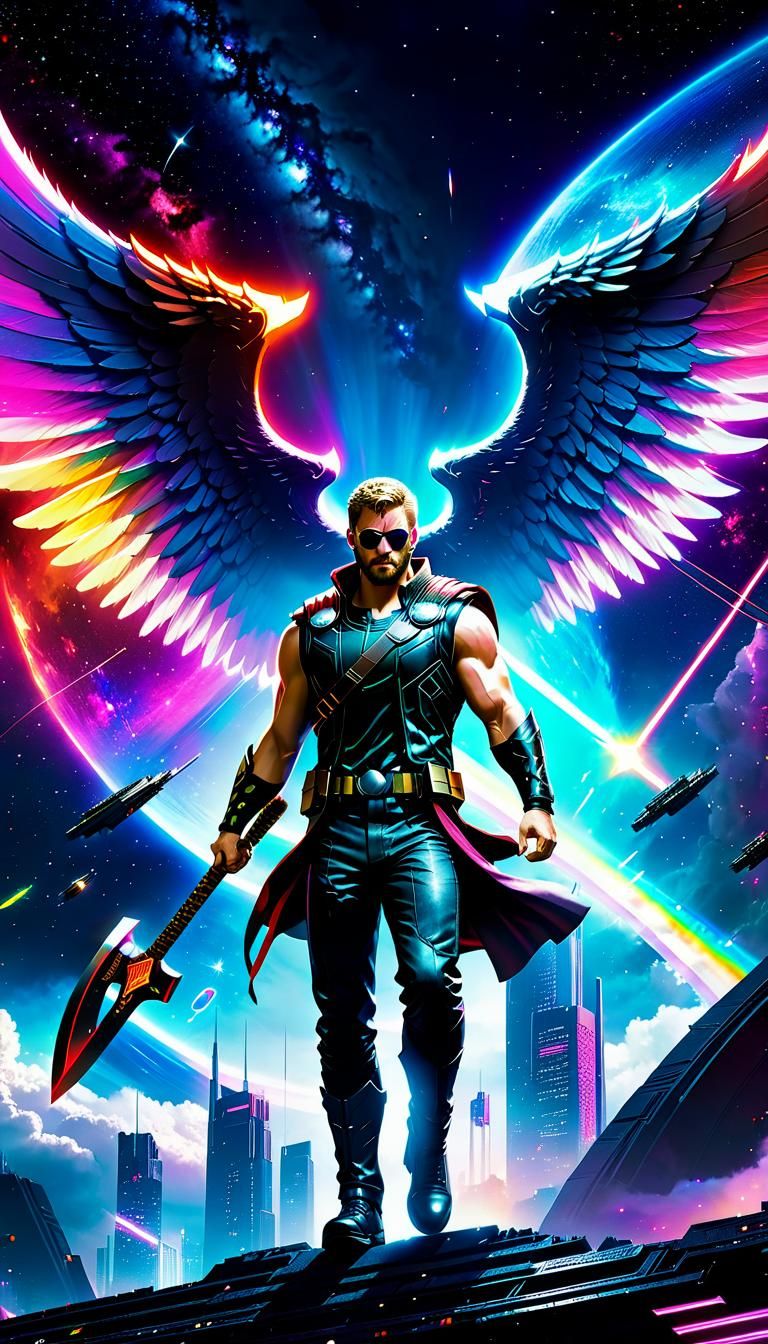 Winged Thor Flies Through Space: Cyberpunk Fantasy