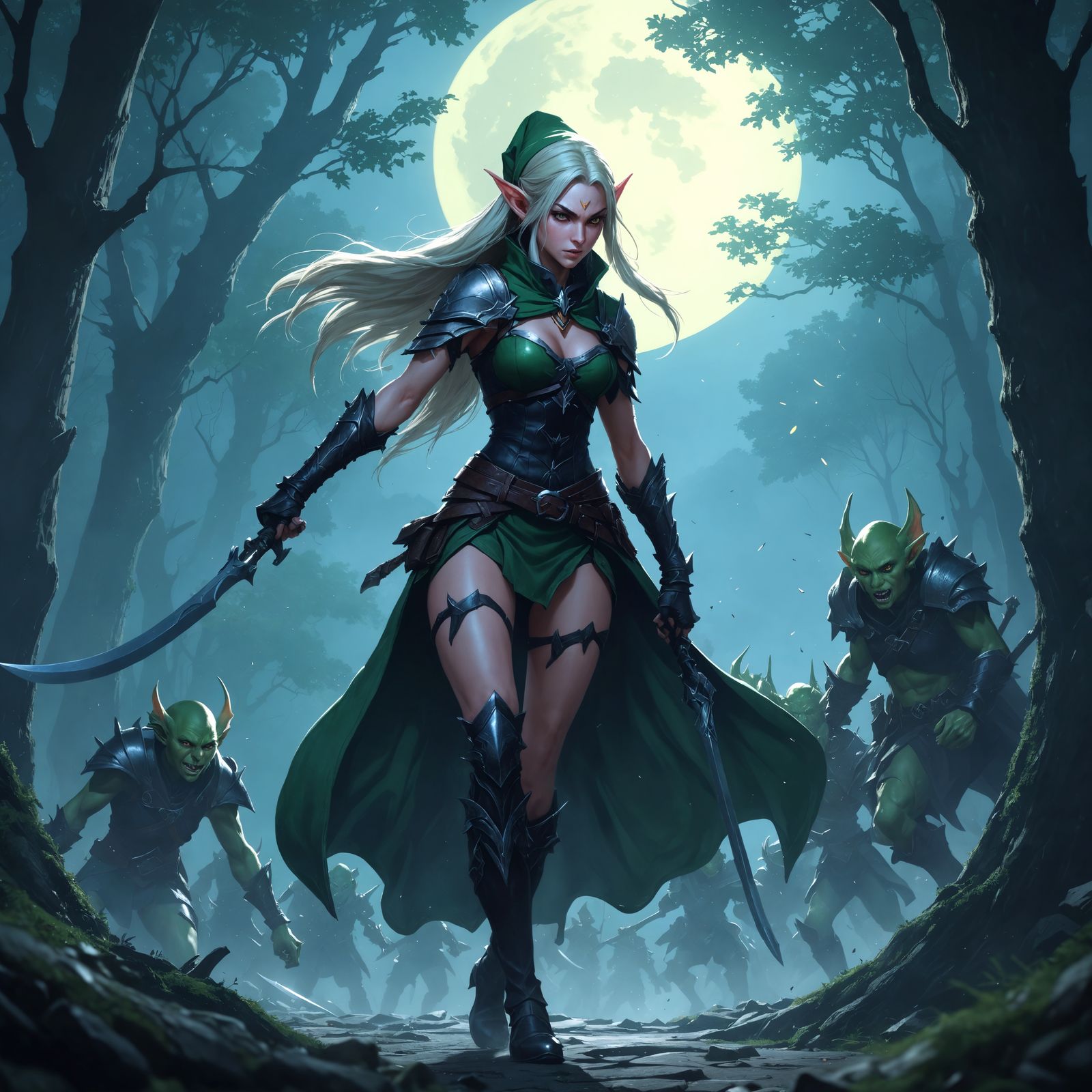 Elf Rogue Battles Goblins in Anime Style