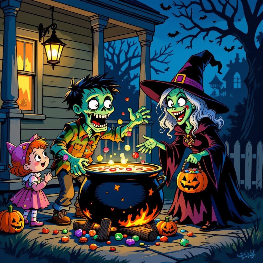 Zombie Bobbing for Brains Amidst Halloween Trick-or-Treaters