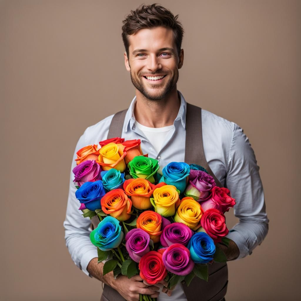 Man Holding Rainbow Roses: Digital Art