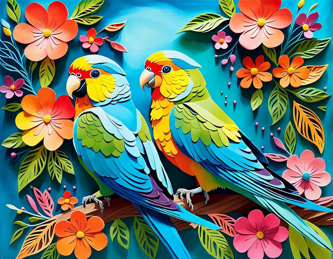 Colourful Parakeet in Floral Web: Watercolour Art