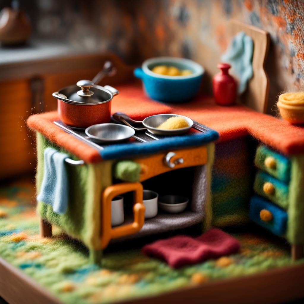 Hyperrealistic Felted Miniature Kitchen in Tilt-Shift