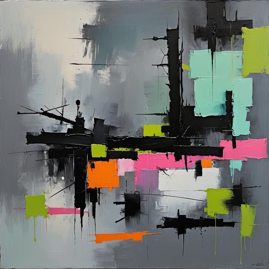 Abstract Expressionist Painting with Neon Accents