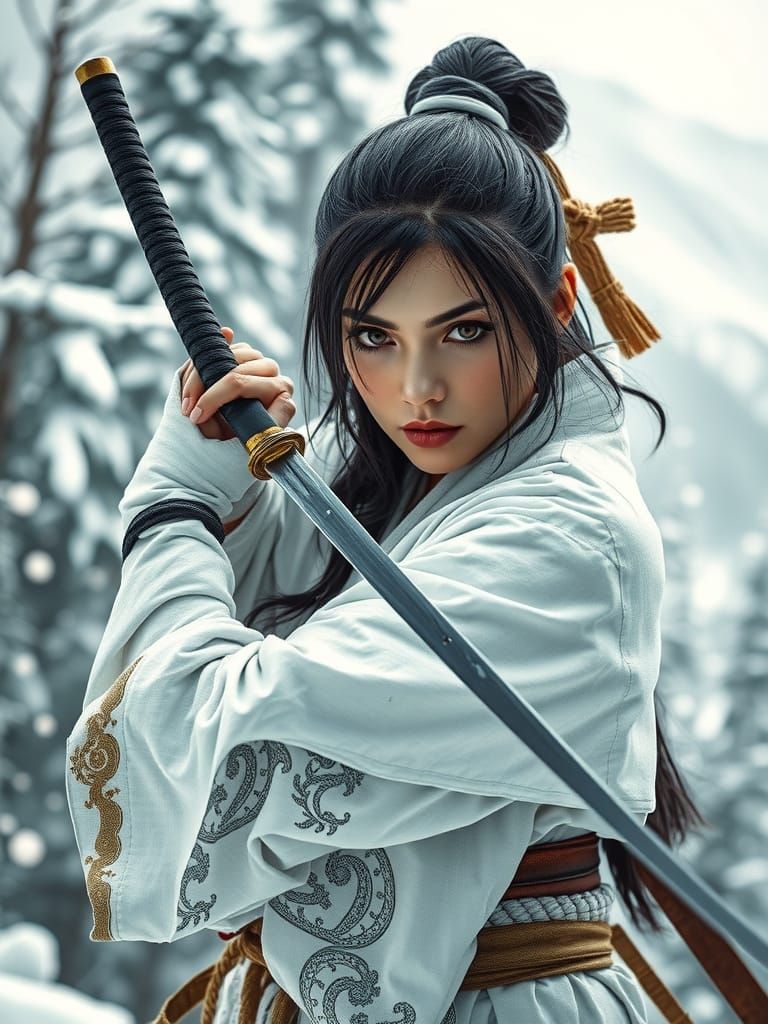 Japanese Warrior Woman with Sword in Winter Landscape